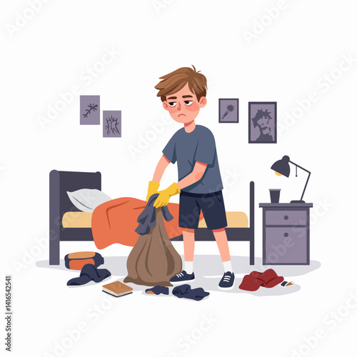 A teenager cleaning their room, slightly annoyed – style flat design, simple, minimalist, plain white background