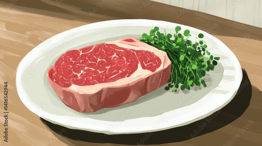 Minimalist plating of a perfectly cooked Wagyu steak with microgreens on a designer plate. Upscale dining copy space. Minimalist plating of a perfectly cooked Wagyu steak with microgreens on a designer plate. Upscale dining copy space.