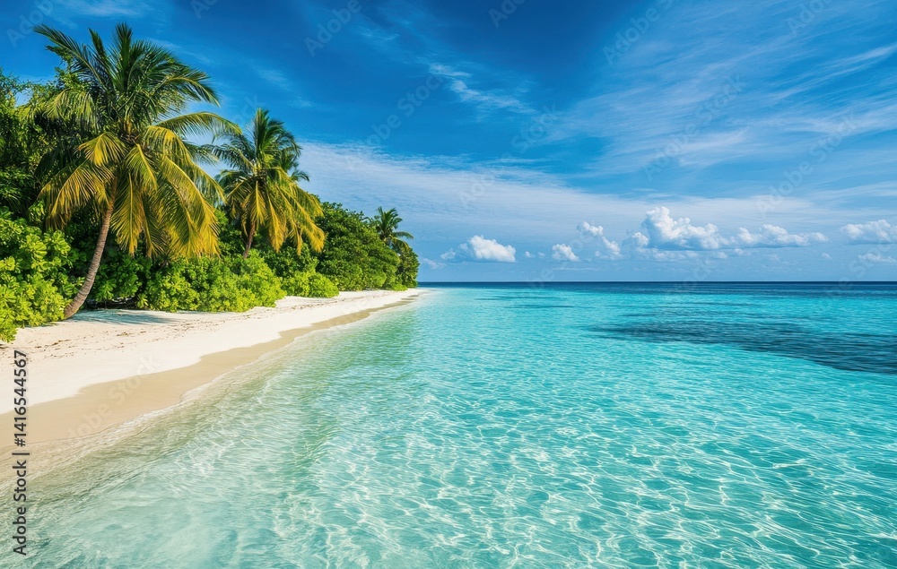 Fototapeta premium Tranquil Tropical Beach with Crystal Clear Water and Lush Greenery Under a Bright Blue Sky and Fluffy White Clouds