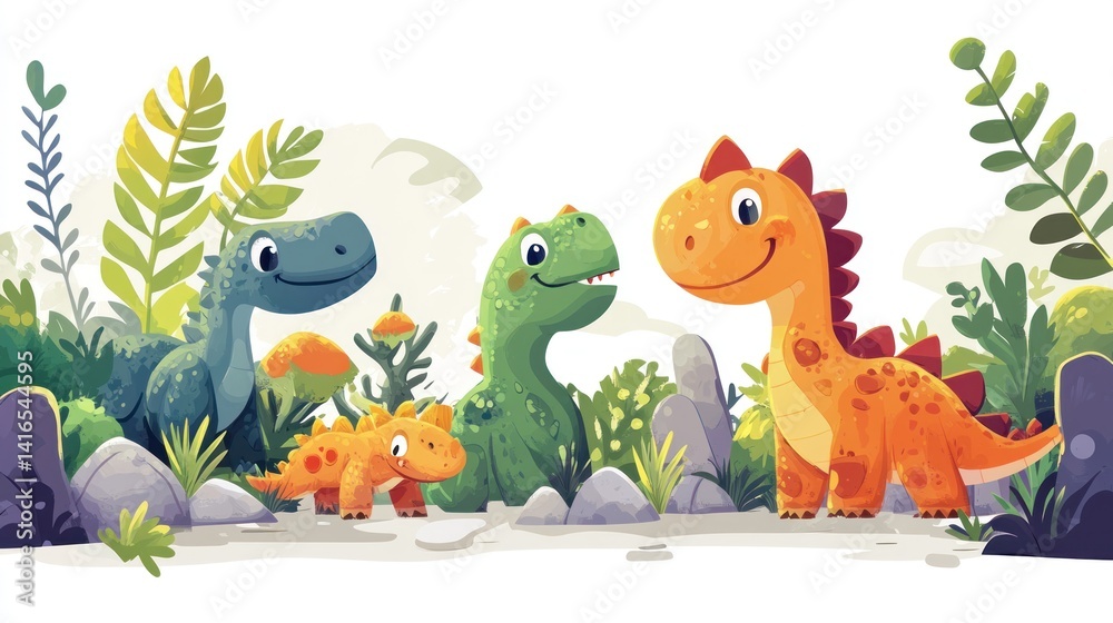 Cute dinosaurs in a prehistoric jungle