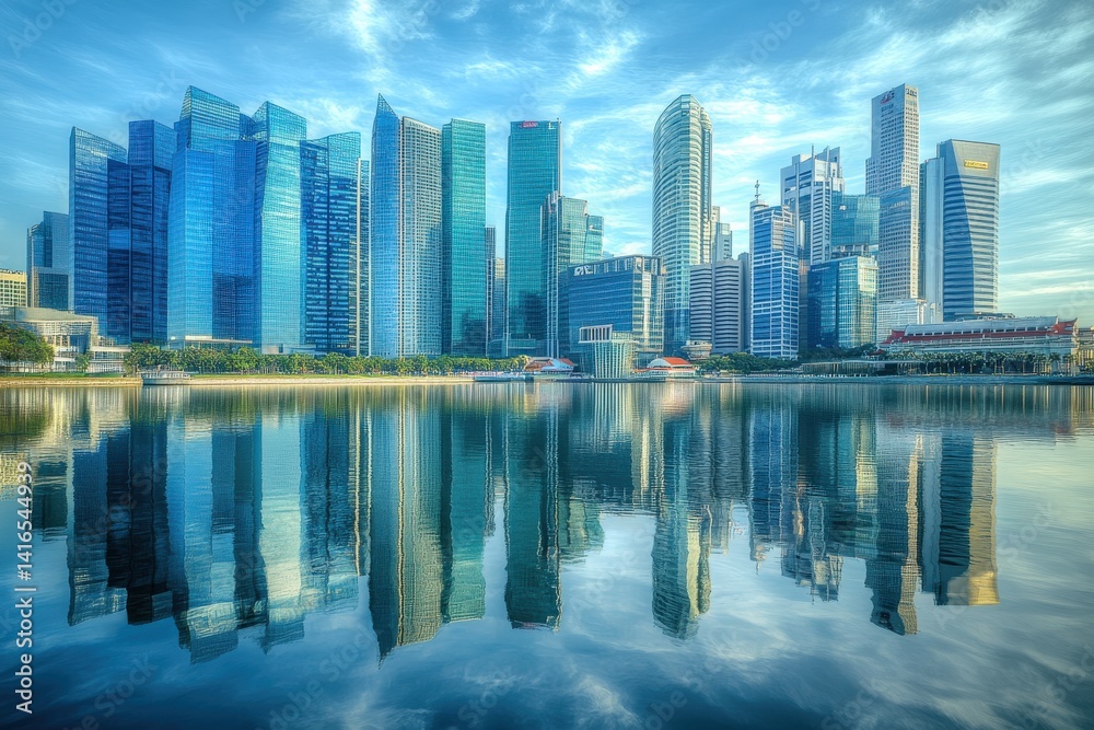 Fototapeta premium A stunning aerial view of the city skyline, showcasing the modern skyscrapers rising along the riverbanks and creating a beautiful reflection on the water