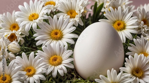 One white egg surrounded by white daisies with yellow centers, all set against  pink background.