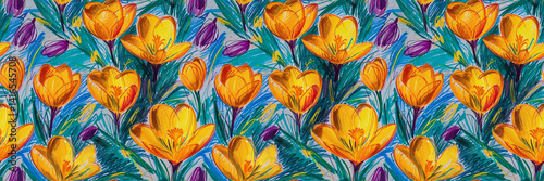 Floral pattern in style of children's drawing with blooming orange crocuses on blue background.