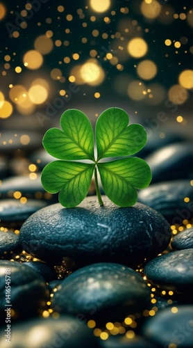 Four leaf clover on smooth dark stones against blurred golden background with bokeh effect.