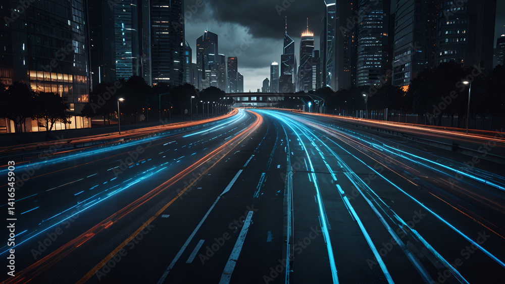 Naklejka premium Futuristic cityscape at dusk with towering skyscrapers vibrant light trails from high speed vehicles and a dramatic sky transitioning from orange to deep blue