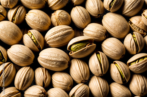 Pistachio nuts, open with green kernels inside and closed, scattered over dark surface.
