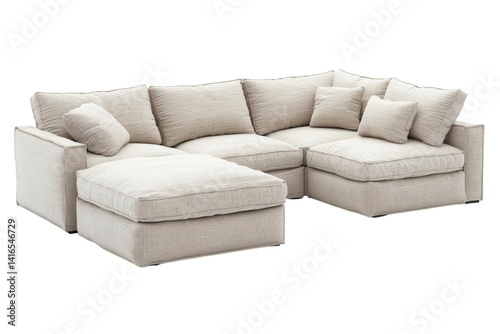 3D render of modern sofa with cushions, isolated on white background, photorealistic fabric texture, clean shadows, side copy space