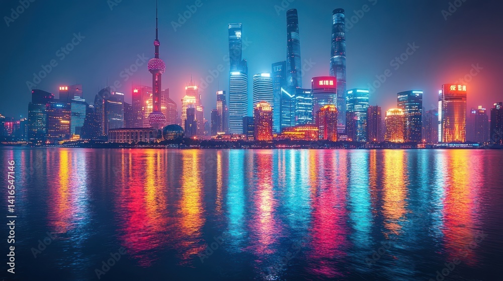 Obraz premium Shanghai Cityscape at Night with Vibrant Reflections in the River Water