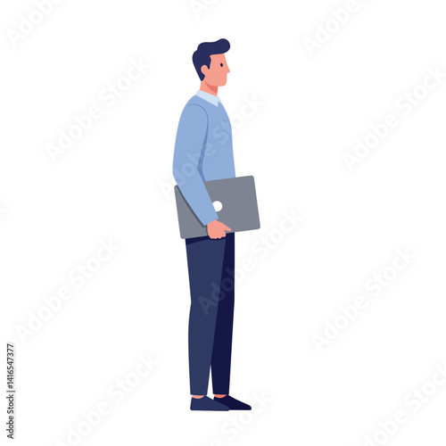 Young man standing with closed laptop in hand wearing casual clothes flat minimal vector illustration