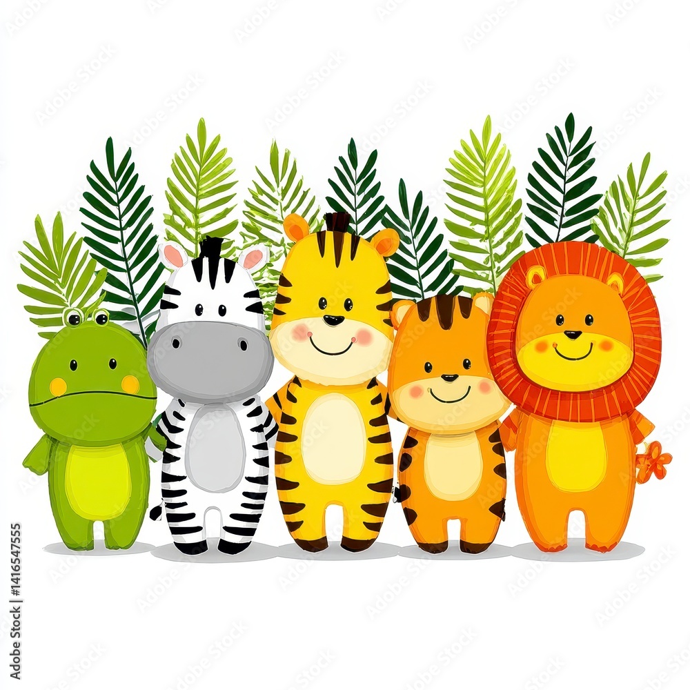 Naklejka premium Cute Cartoon Animals Illustration Zebra, Tiger, Lion, Frog in Green Leaves