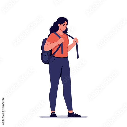 Young woman standing with black backpack and casual clothing in minimal flat design vector illustration