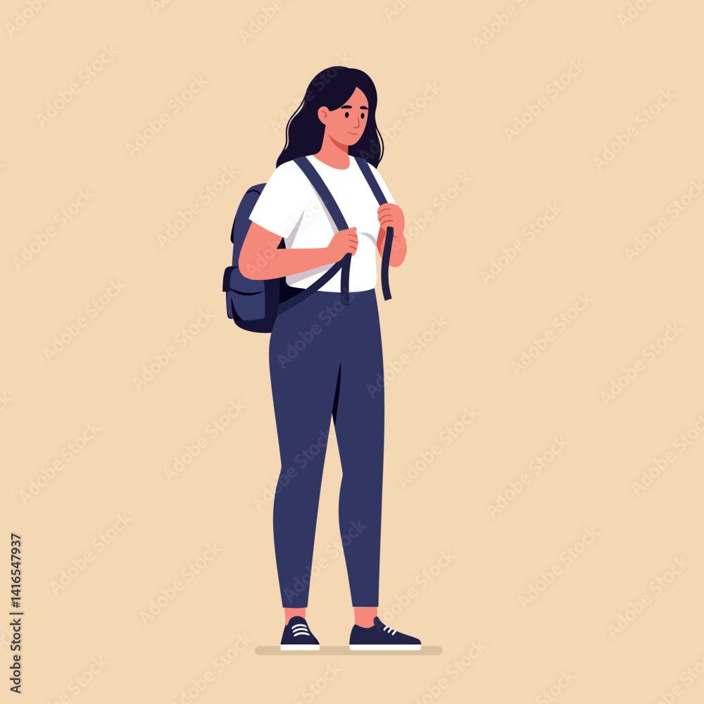 Fototapeta premium Young woman standing with backpack in casual outfit flat minimal style vector illustration