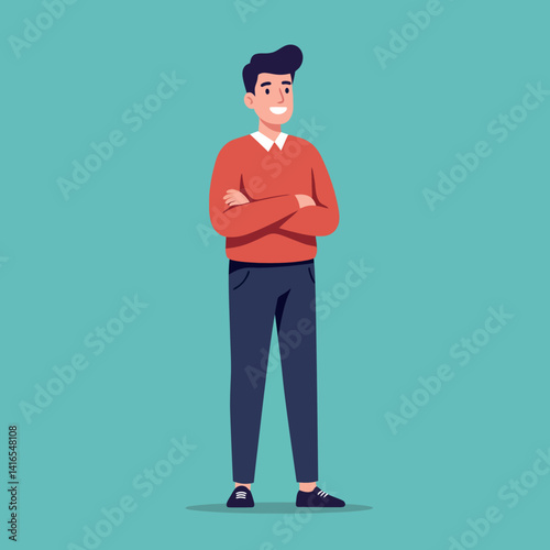 Young man standing confidently with crossed arms wearing casual clothes flat design vector illustration