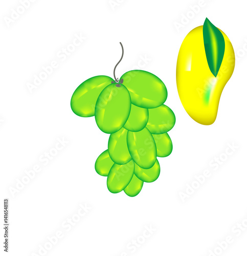 Green grapes vector illustration shows a ripe bunch of sweet berries, a healthy fruit from the grapevine with leaves