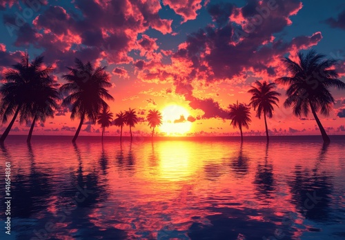 Vibrant Sunset Over Calm Ocean with Silhouetted Palm Trees and Dramatic Cloud Reflections in Warm Orange and Pink Hues