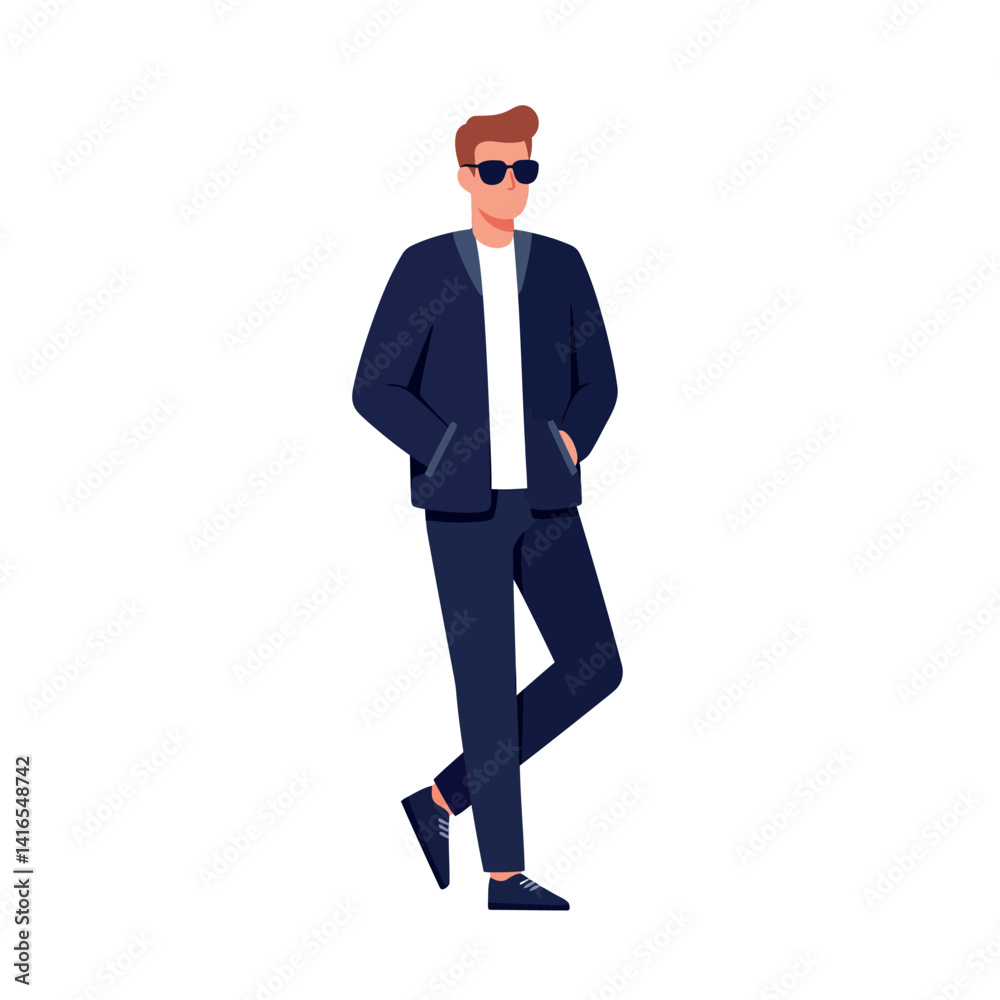 Stylish young man wearing dark blue jacket and sunglasses walking confidently casual minimal vector illustration Stylish young man wearing dark blue jacket and sunglasses walking confidently casual minimal vector illustration