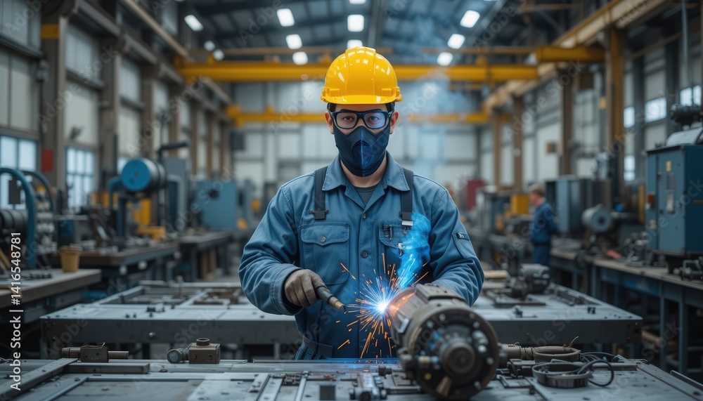Skilled Worker in Protective Gear Welding Metal in Industrial Factory Setting with Advanced Machinery and Equipment Skilled Worker in Protective Gear Welding Metal in Industrial Factory Setting with Advanced Machinery and Equipment