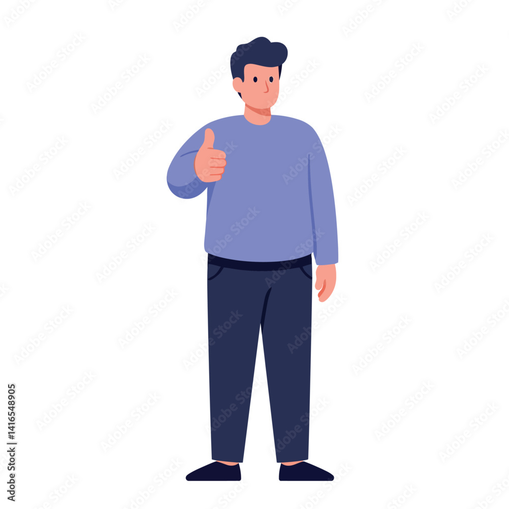 Young man giving thumbs up gesture in casual clothes flat design standing confident vector art Young man giving thumbs up gesture in casual clothes flat design standing confident vector art