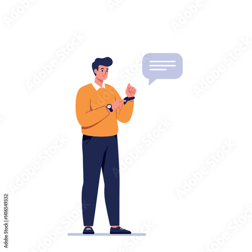 Young man checking smartwatch with message notification in casual outfit flat design vector illustration