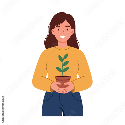Young woman holding green potted plant with leaves smiling in casual clothing flat design vector illustration