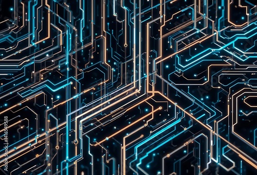 Glowing Circuitry: Abstract Digital Network in Teal and Gold