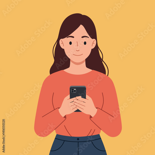 Young woman with dark hair wearing casual clothes holding smartphone and smiling in flat style vector illustration