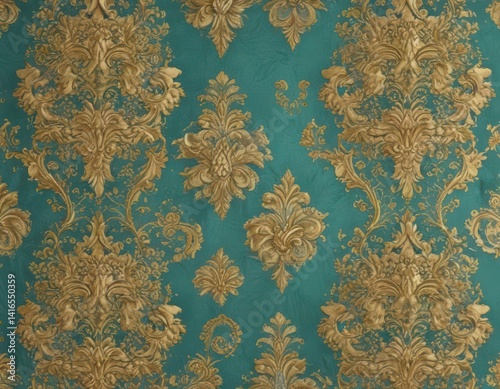 Luxurious gold and turquoise damask, vintage feel, elegant seamless repeat , design, background