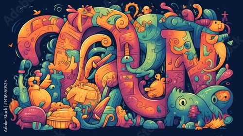 Creative Typography Doodle Art with Fun Animals and Playful Design Elements