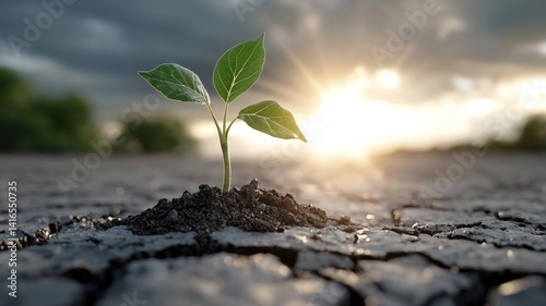 Green seedling grows in cracked soil under dramatic sky and sunlight, symbolizing hope and growth.