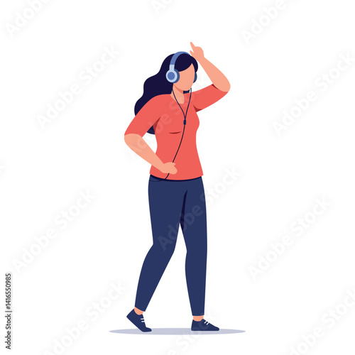 Young woman with long dark hair wearing headphones and casual outfit listening to music while dancing flat style vector illustration