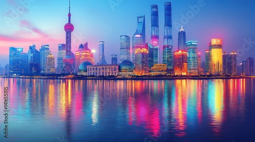 Shanghai Cityscape at Night with Vibrant Reflections on the Water