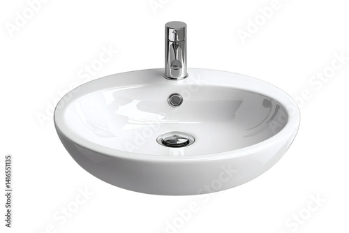 Bathroom sink with modern faucet, isolated object on white background, top front angle, minimalist design, clean shadow, product display layout, side copy space