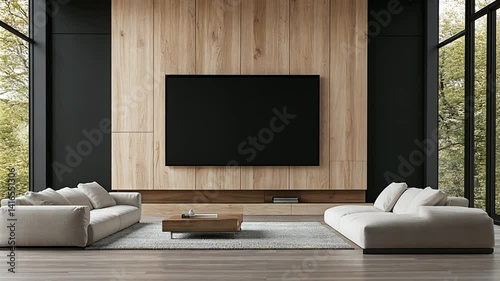 Wallpaper Mural Modern living room, wooden feature wall with a TV, two sofas, & large windows Torontodigital.ca