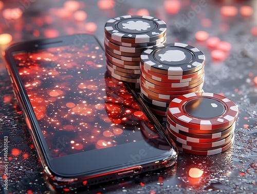 Online Gamble: A smartphone illuminates a vibrant casino scene, with poker chips stacked beside it, inviting users to an immersive world of digital gaming. photo