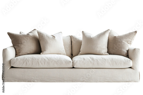 Fototapeta Naklejka Na Ścianę i Meble -  Modern sofa with throw pillows, isolated on white background, cozy and stylish home furniture, soft shadows, product showcase, side copy space