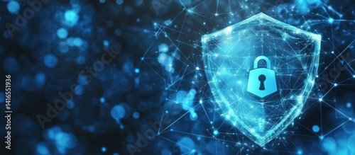 digital security shield guarding against cyber threats with intricate network connections and a secure lock icon depicting data protection in a complex environment