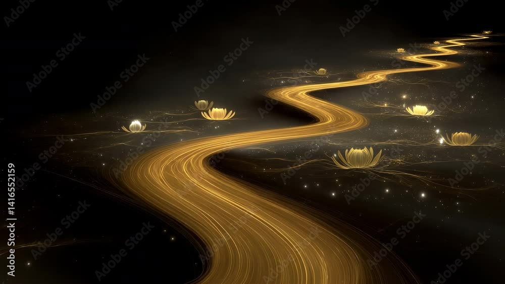Dolly forward over a surreal golden road winding through lotus blossoms in a dark ethereal space, glowing particles drifting upward in a symbolic dreamlike fantasy atmosphere.