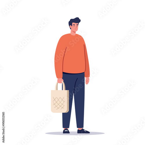 Young man standing with reusable tote bag casual clothing flat design vector illustration