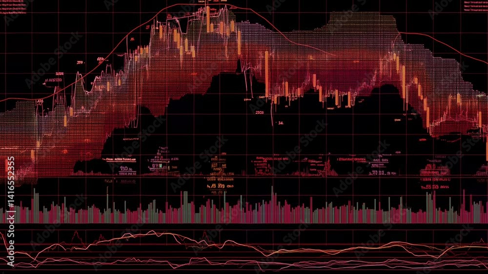 An intricate candlestick chart displaying stock market trends overlays of technical indicators MACD, Fibonacci retracement levels, volume bars. professional color scheme clear annotations