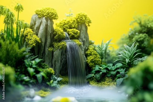 Miniature cascading waterfall scene in a lush, vibrant landscape. photo