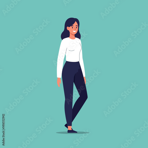 Young woman standing casually with dark hair and white top in minimal flat style vector illustration