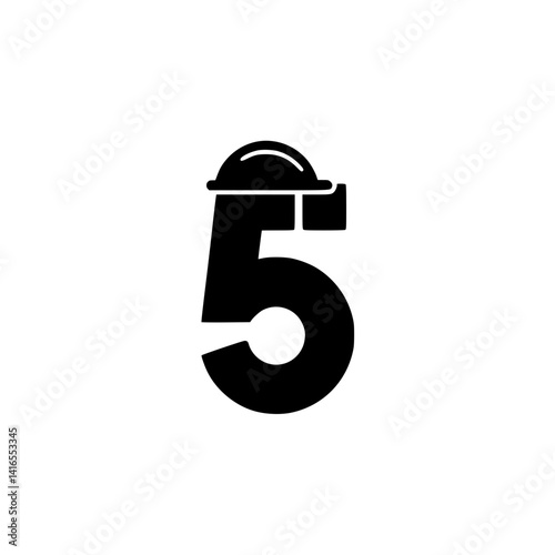 Number 5 with Construction Helmet Graphic Design, Stylized black number 5 illustrated with a construction hard hat, symbolizing safety, engineering, and industrial labor in bold form.

