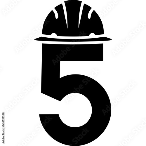 Number 5 with Construction Helmet Graphic Design, Stylized black number 5 illustrated with a construction hard hat, symbolizing safety, engineering, and industrial labor in bold form.

