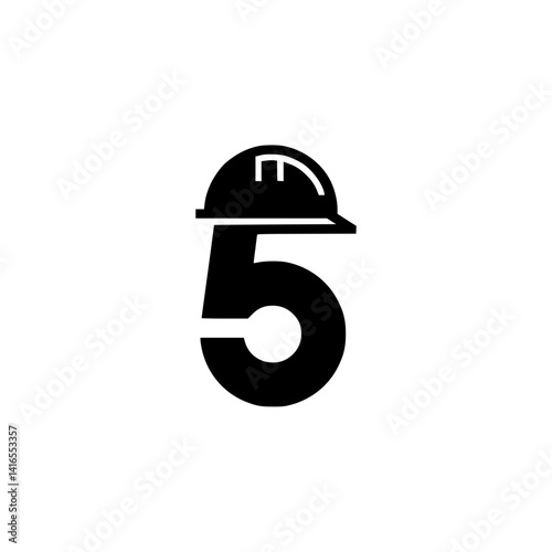 Number 5 with Construction Helmet Graphic Design, Stylized black number 5 illustrated with a construction hard hat, symbolizing safety, engineering, and industrial labor in bold form.

