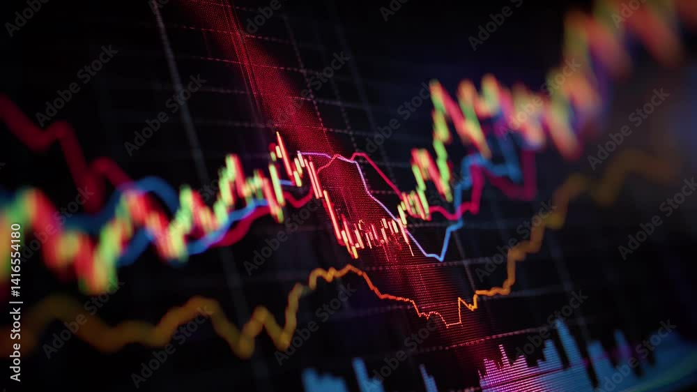 An intricate candlestick chart displaying stock market trends overlays of technical indicators MACD, Fibonacci retracement levels, volume bars. professional color scheme clear annotations