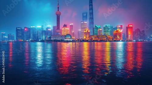 Shanghai Skyline Reflecting City Lights Over Water at Night Scenery