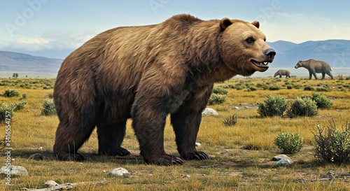 Arctotherium Angustidens Giant Short-Faced Bear on Patagonian Steppe Surveying Territory View. photo