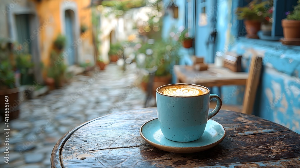 Cozy caf scene with coffee cup on a bistro table overlooking a charming cobblestone street