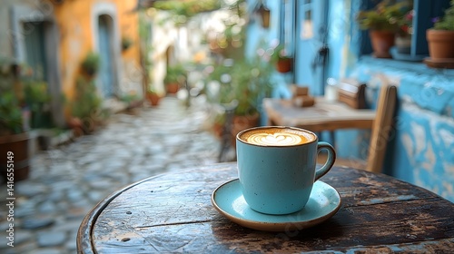 Obraz na płótnie Cozy caf scene with coffee cup on a bistro table overlooking a charming cobblestone street w salonie