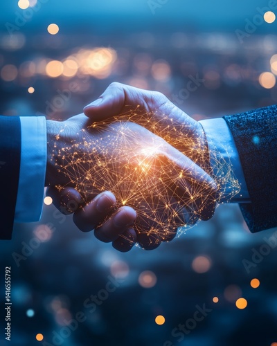 Digital handshake symbolizing partnership and connection. Global economic trade.